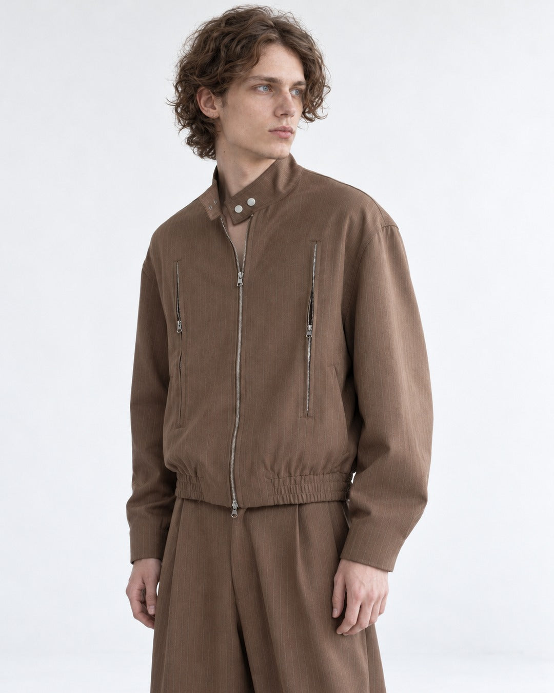 Pinstripe Stand Collar Zip Jacket and Wide Pants Set