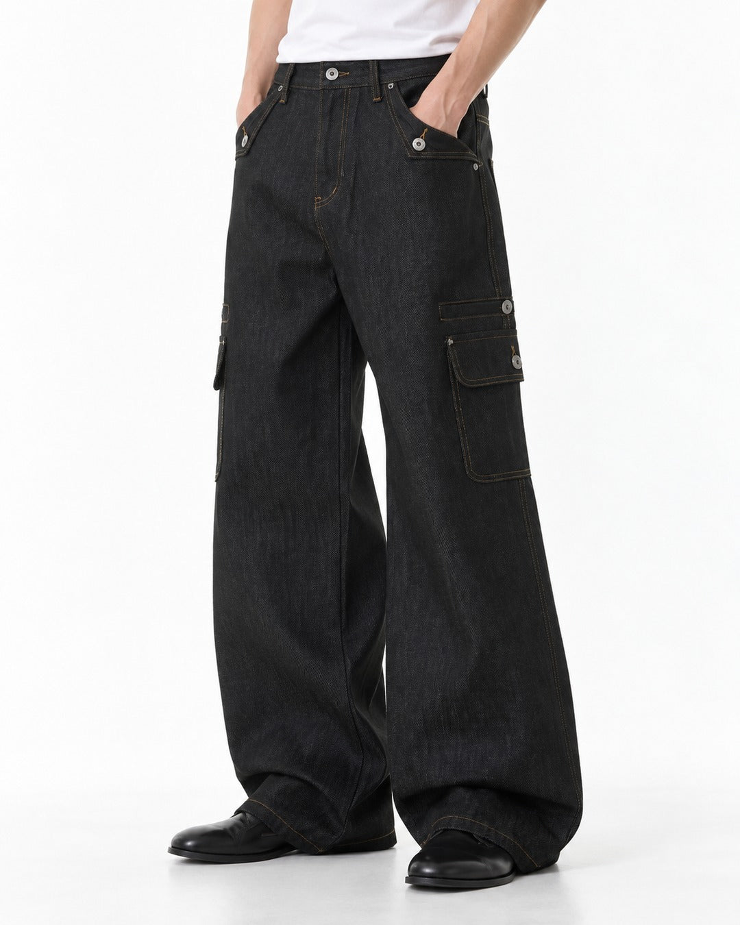 Contrast-Stitch Flap-Pocket Straight-Leg Jeans