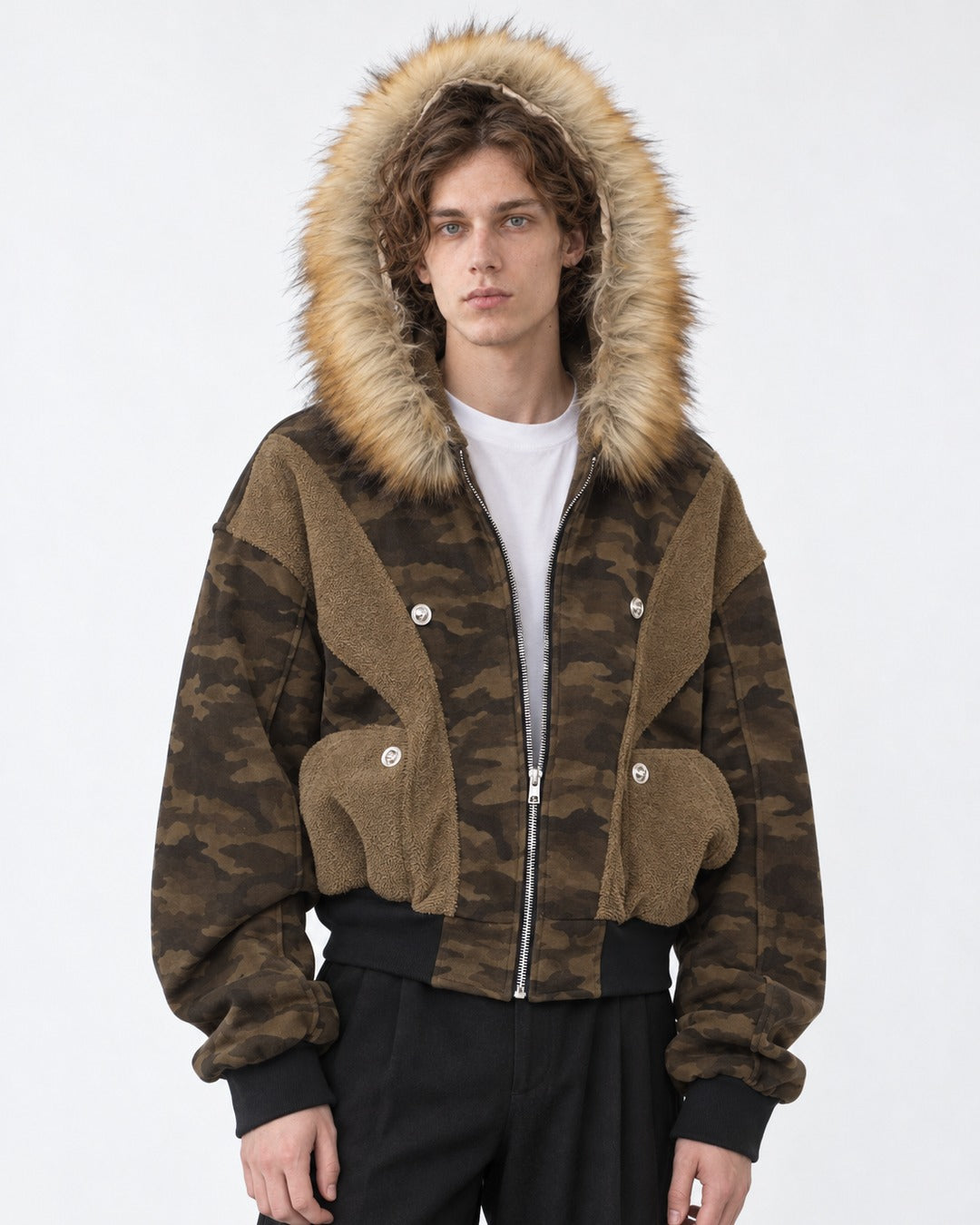 Camouflage Panelled Hooded Bomber with Fur Trim
