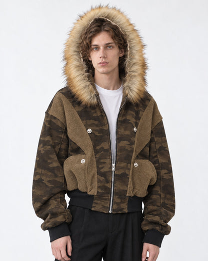 Camouflage Panelled Hooded Bomber with Fur Trim