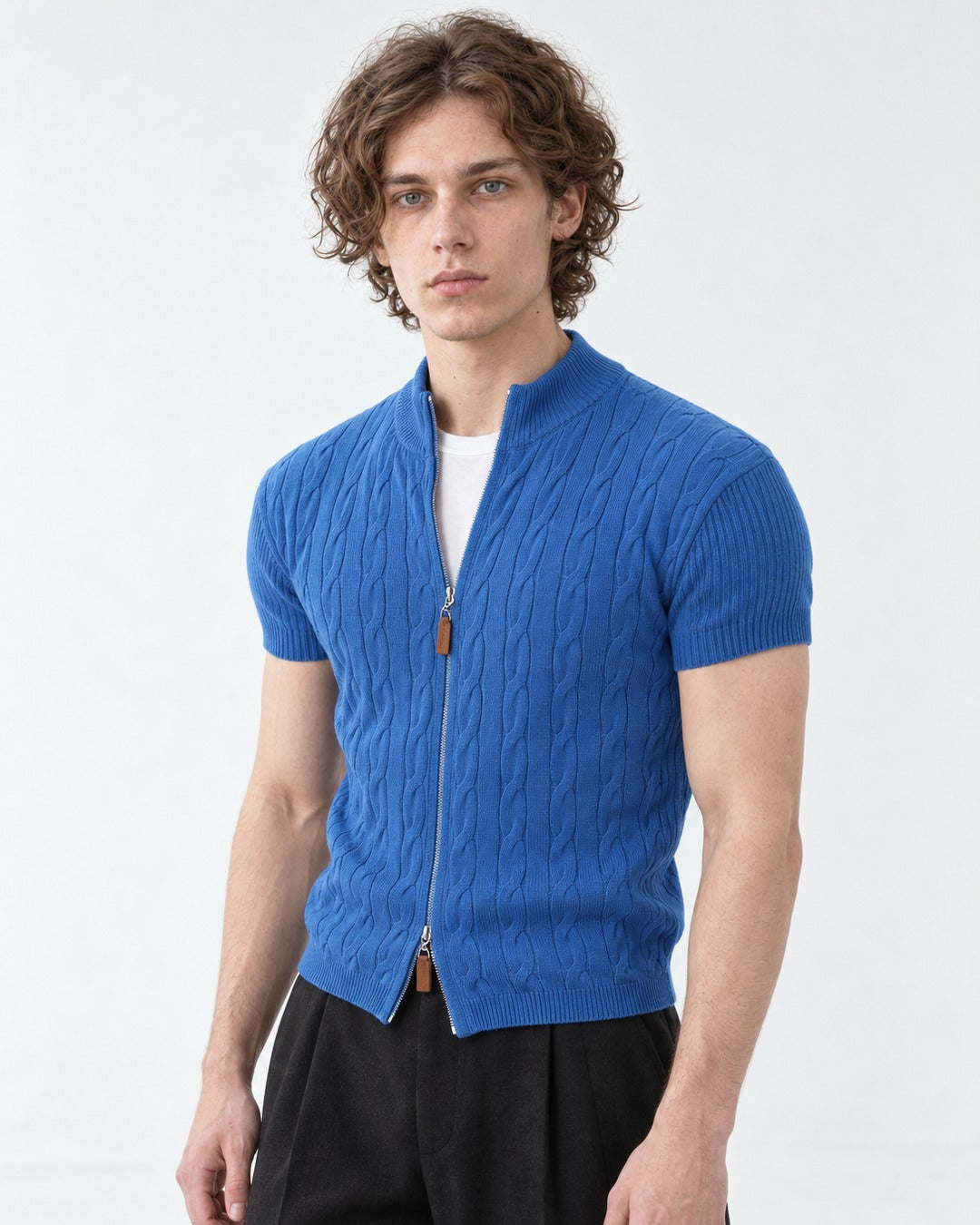 Cable-Knit Short-Sleeve Zip Cardigan
