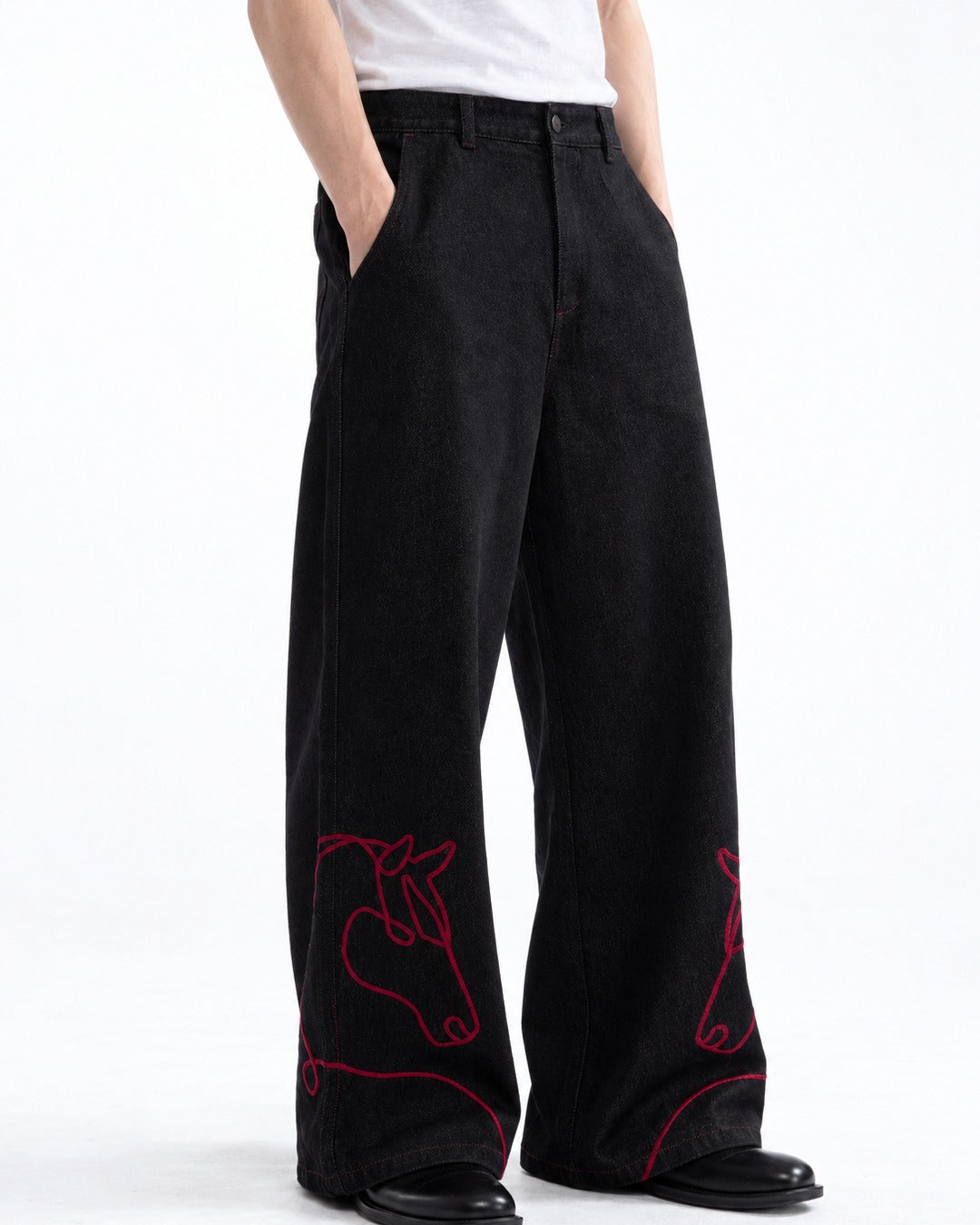 Red Horse Embroidered Wide-Leg Jeans