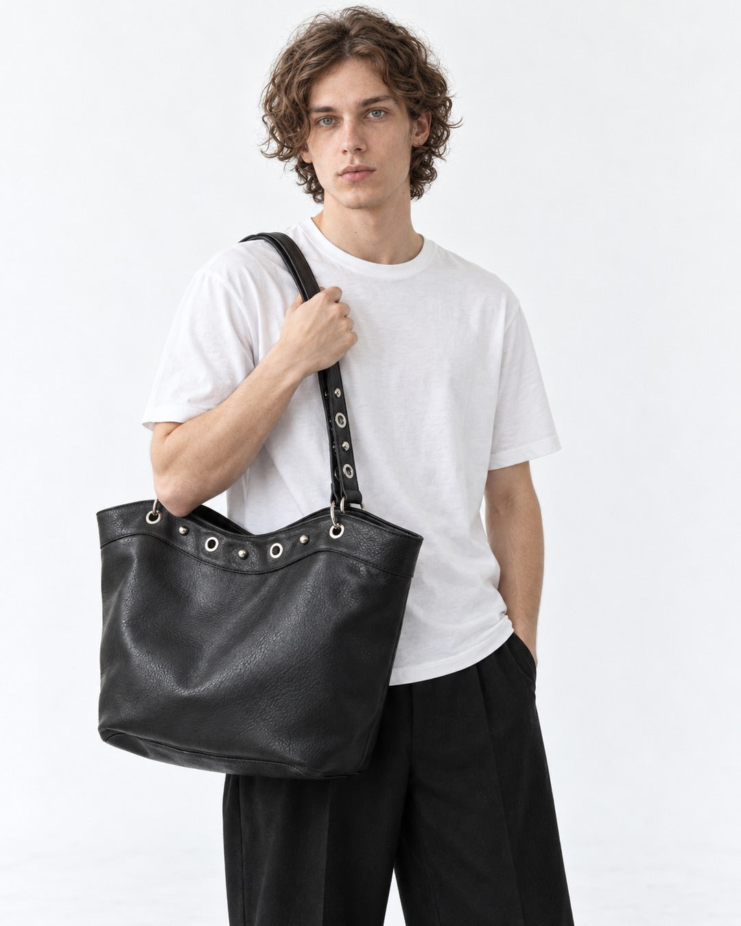Eyelet Trim Black Bucket Tote Bag