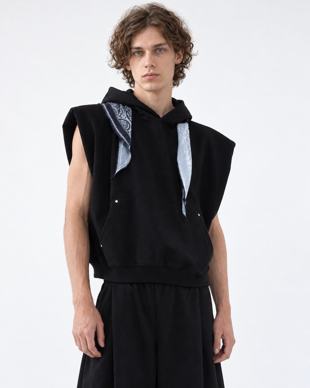 Bandana Hood Sleeveless Vest and Wide Shorts Set-Up