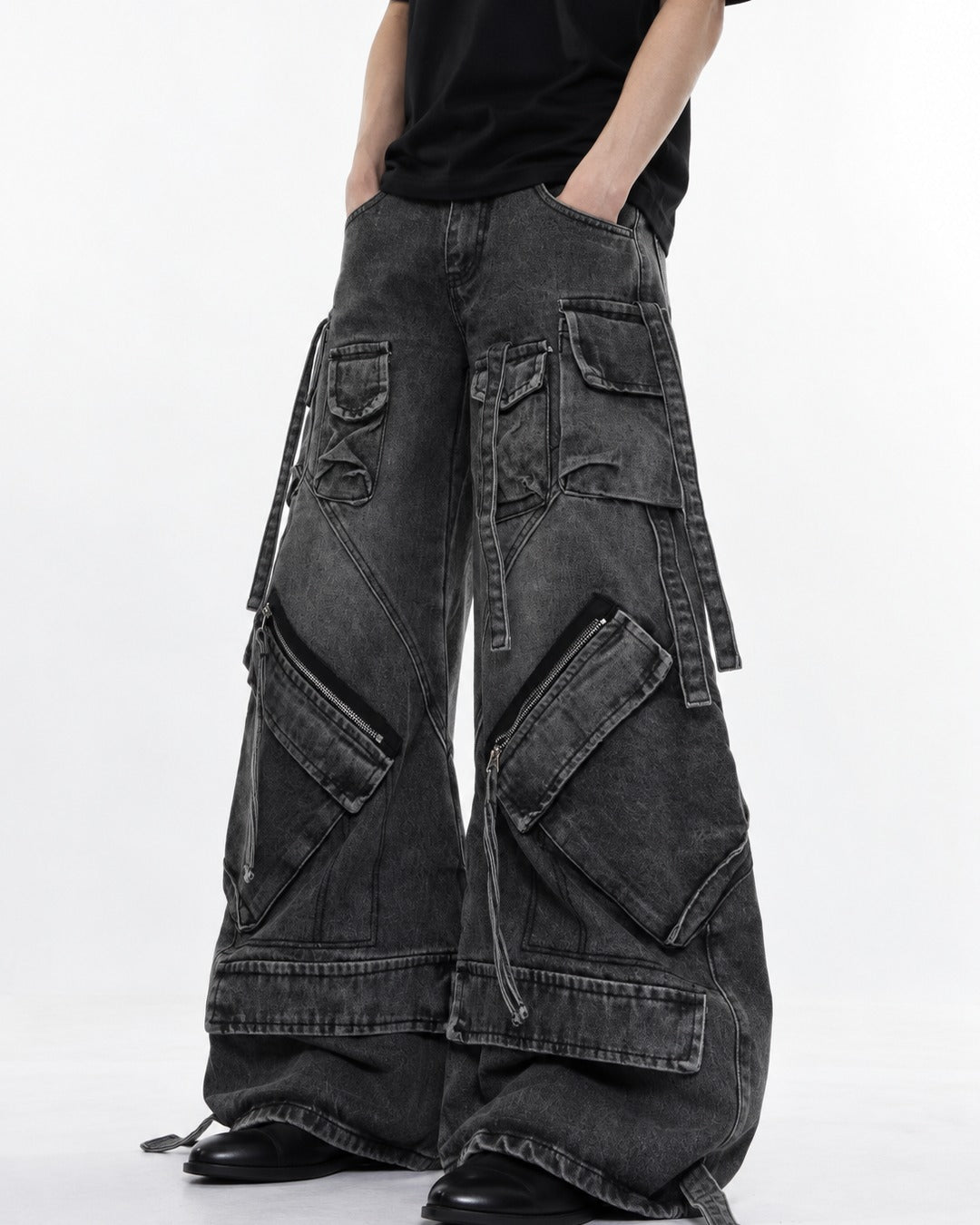 Strap Pocket Washed Wide-Leg Jeans