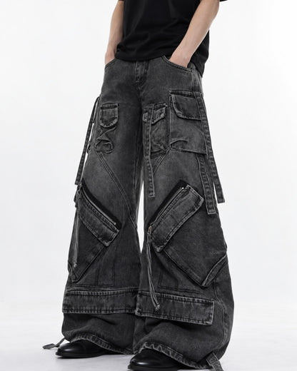 Strap Pocket Washed Wide-Leg Jeans
