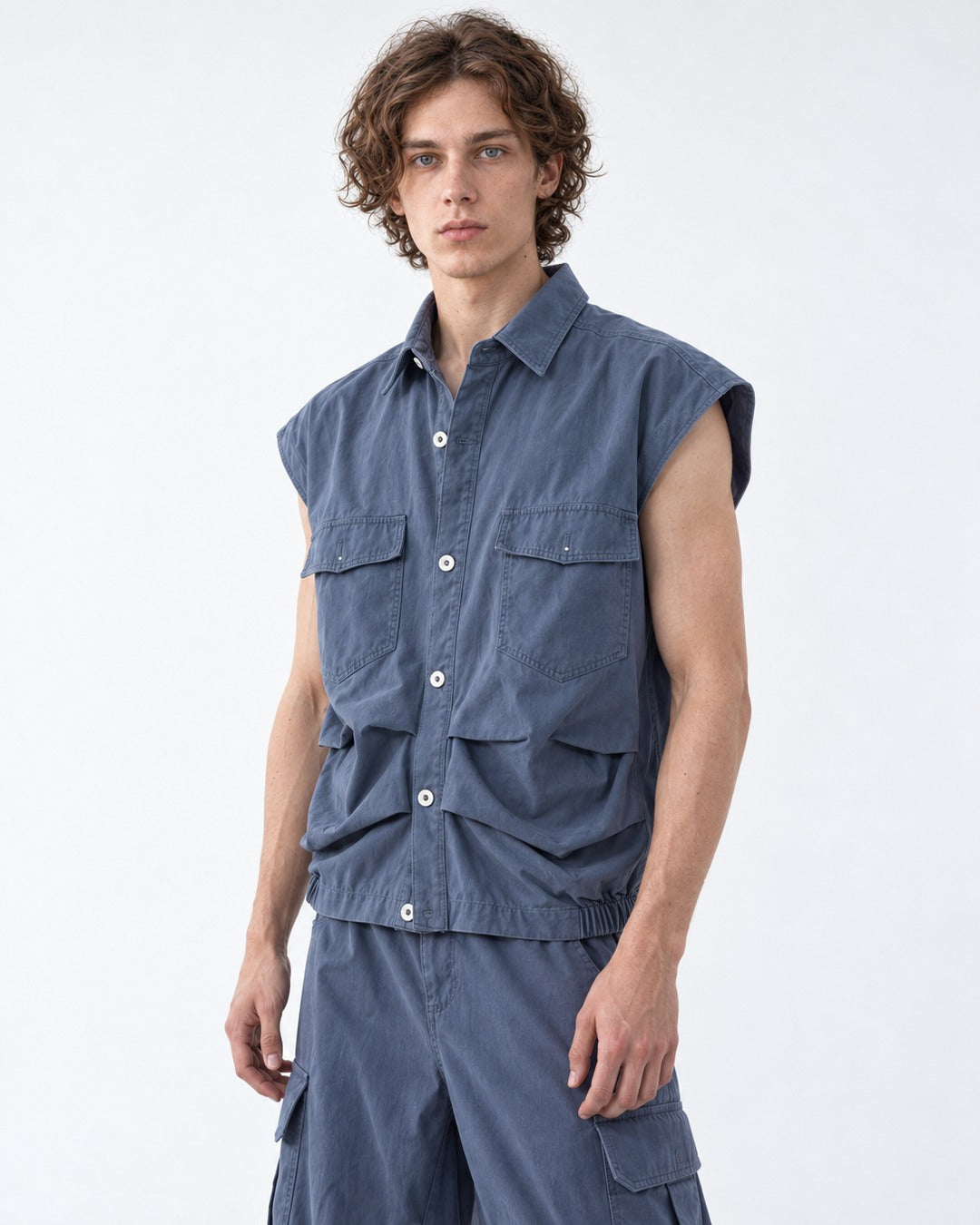 Sleeveless Pocket Shirt and Pleated Cargo Pants Set