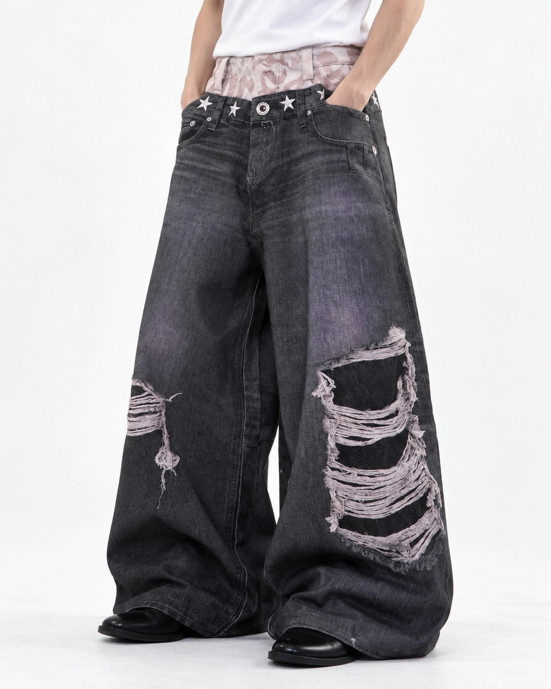 Star-Stud Double Waistband Shredded-Knee Jeans