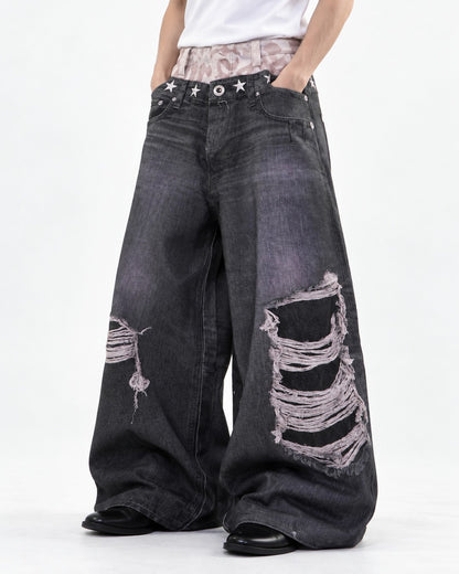 Star-Stud Double Waistband Shredded-Knee Jeans
