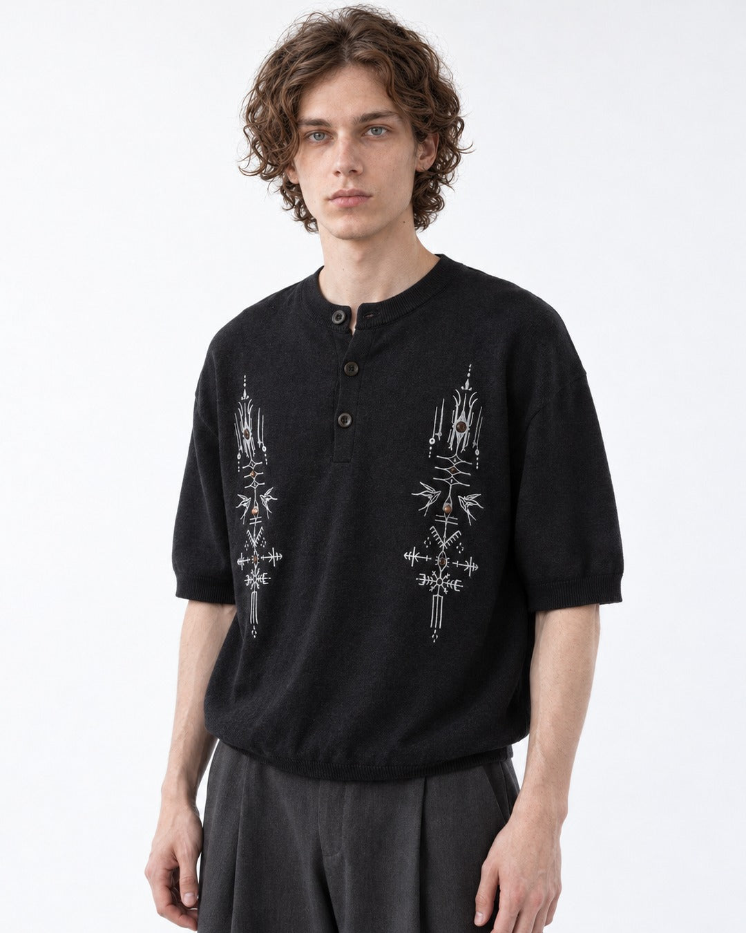 Embroidered Short-Sleeve Henley Knit Top