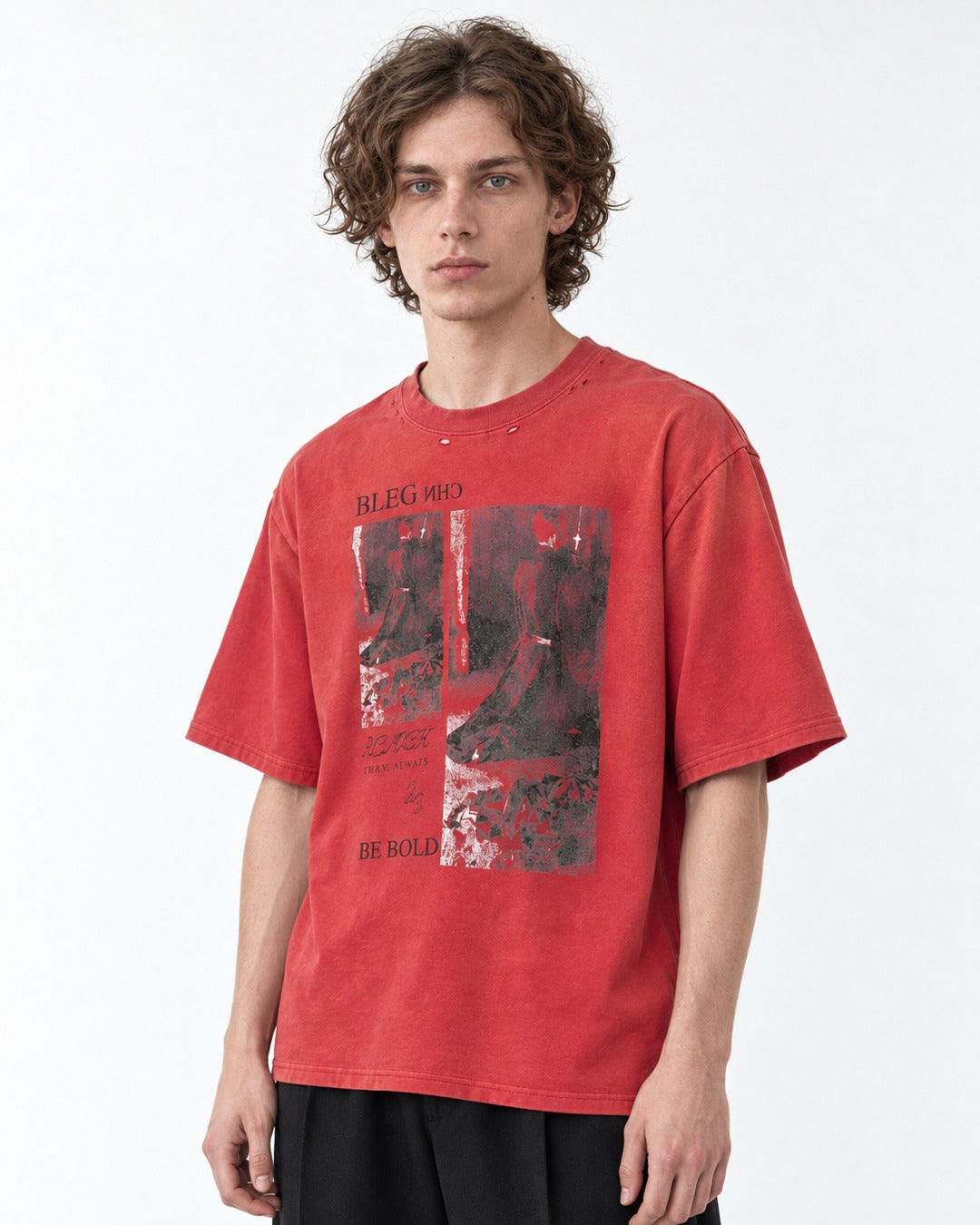 Collage Print Faded Red T-Shirt