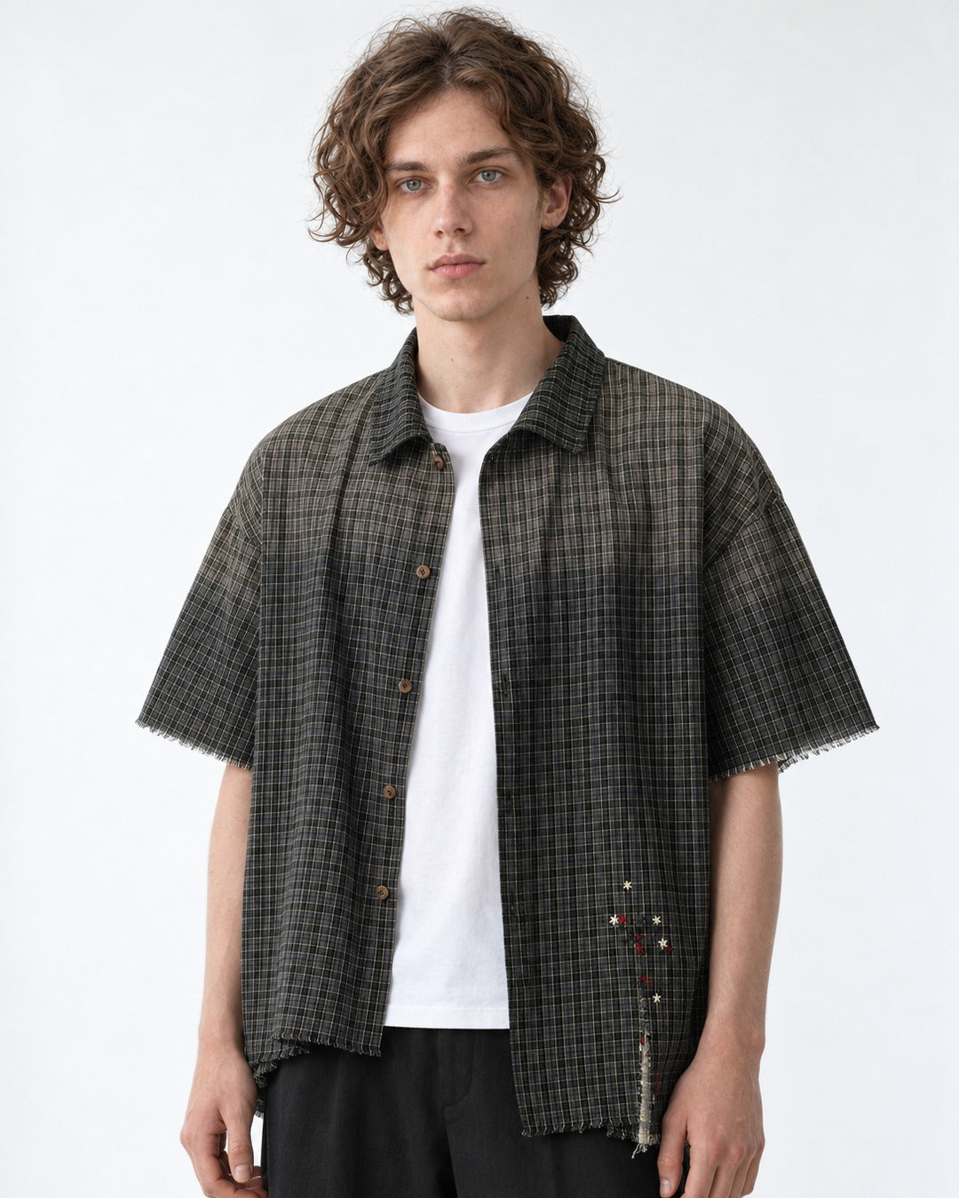 Frayed Hem Faded Plaid Short Sleeve Shirt