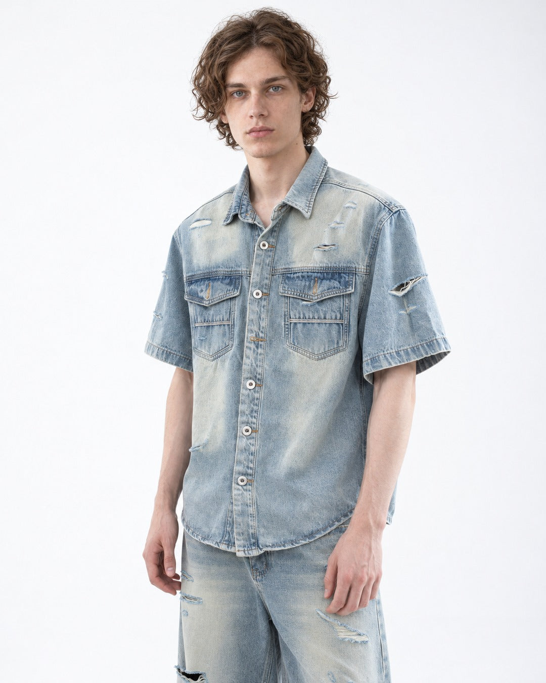 Distressed Washed Denim Shirt and Jeans Set-Up