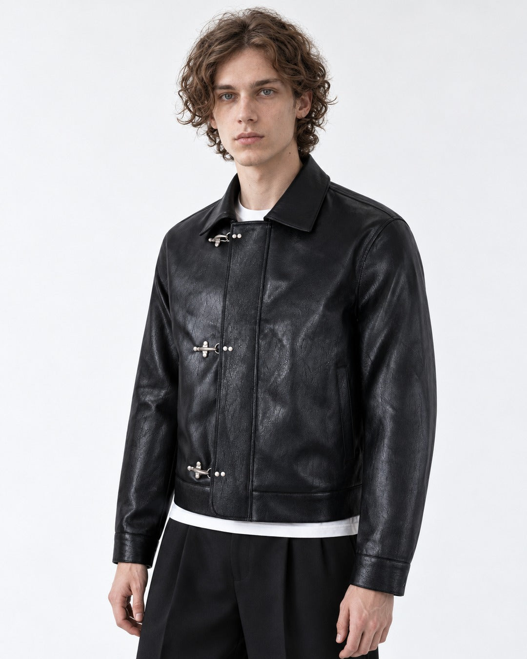 Triple Clasp Leather-Look Jacket