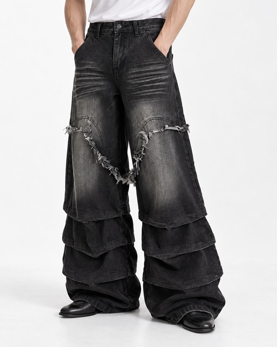 Fringed V-Seam Tiered Hem Jeans