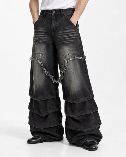Fringed V-Seam Tiered Hem Jeans