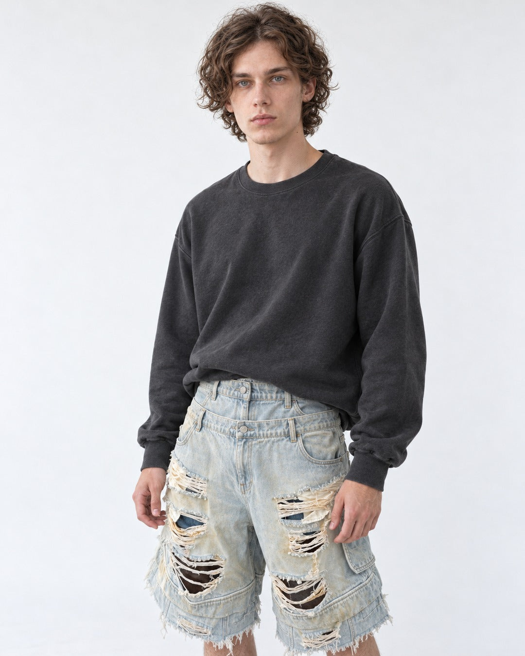 Double-Waist Shredded Denim Shorts