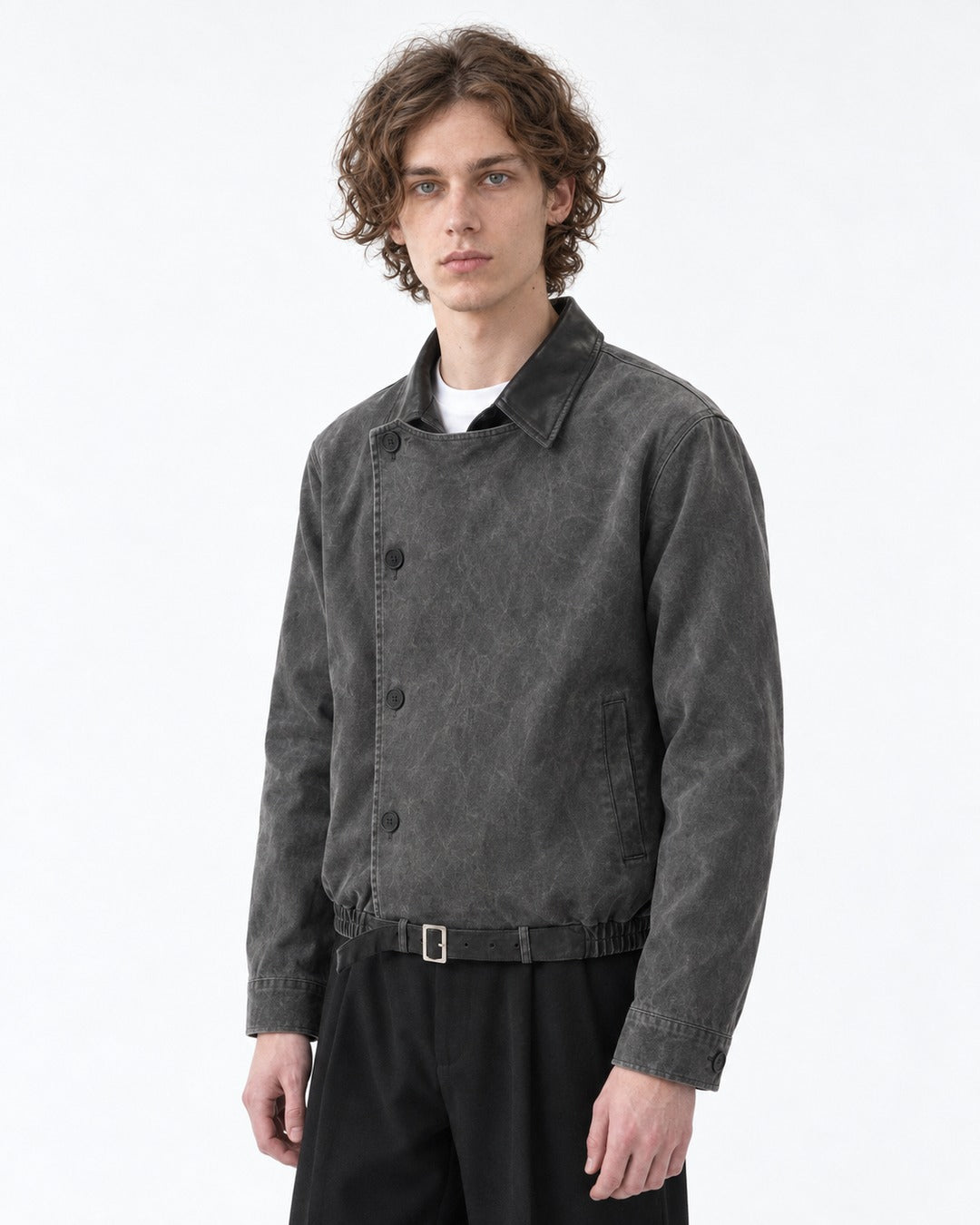 Diagonal Button Jacket with Contrast Collar