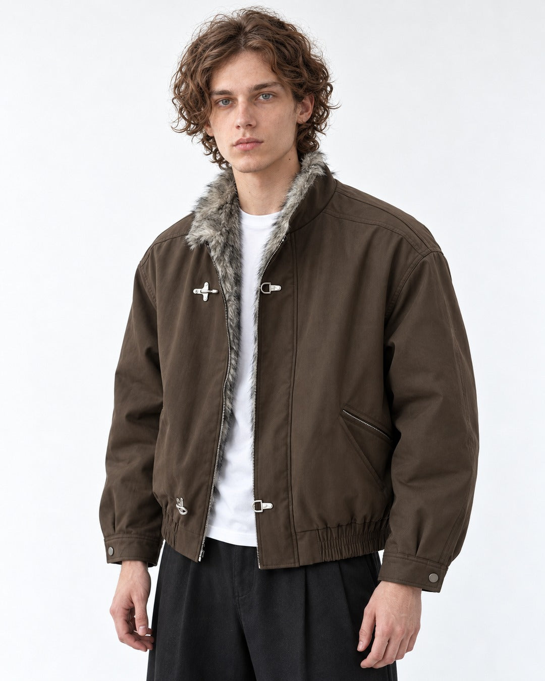 Hook Clasp Fur Collar Bomber Jacket
