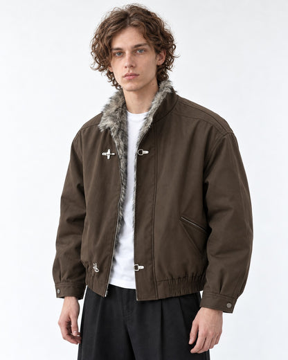 Hook Clasp Fur Collar Bomber Jacket