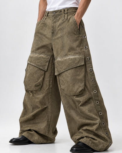 Eyelet Side Washed Wide-Leg Cargo Pants