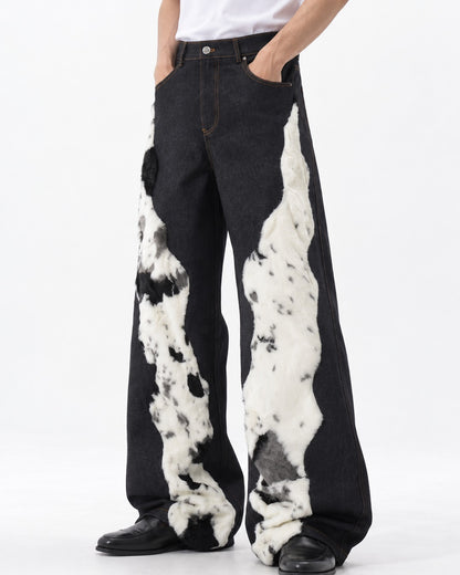Cow Pattern Patchwork Denim Pants