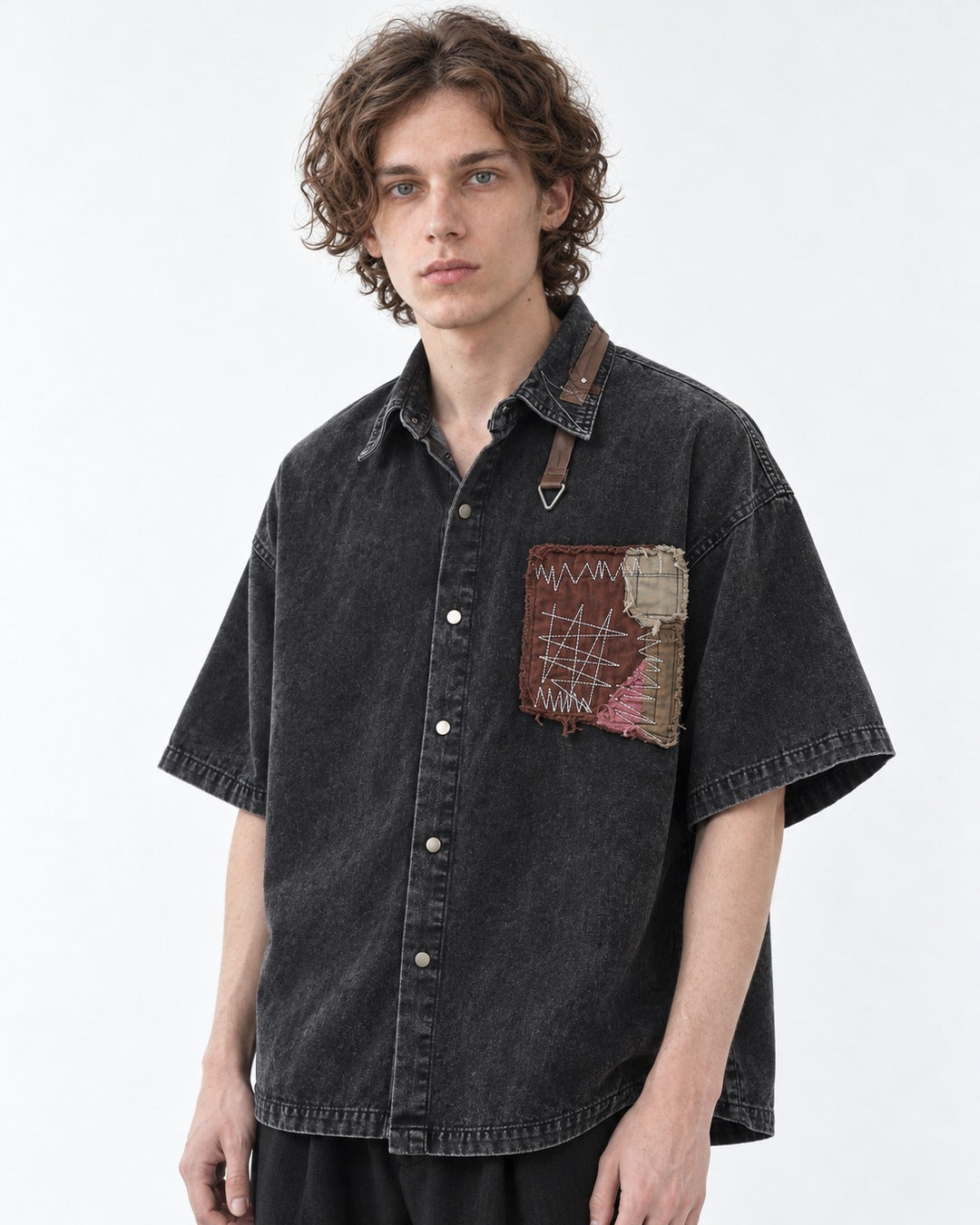 Washed Denim Patchwork Short-Sleeve Shirt