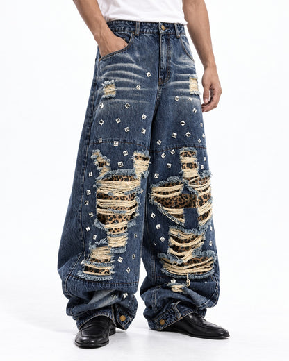 Leopard Patchwork Ripped Jeans