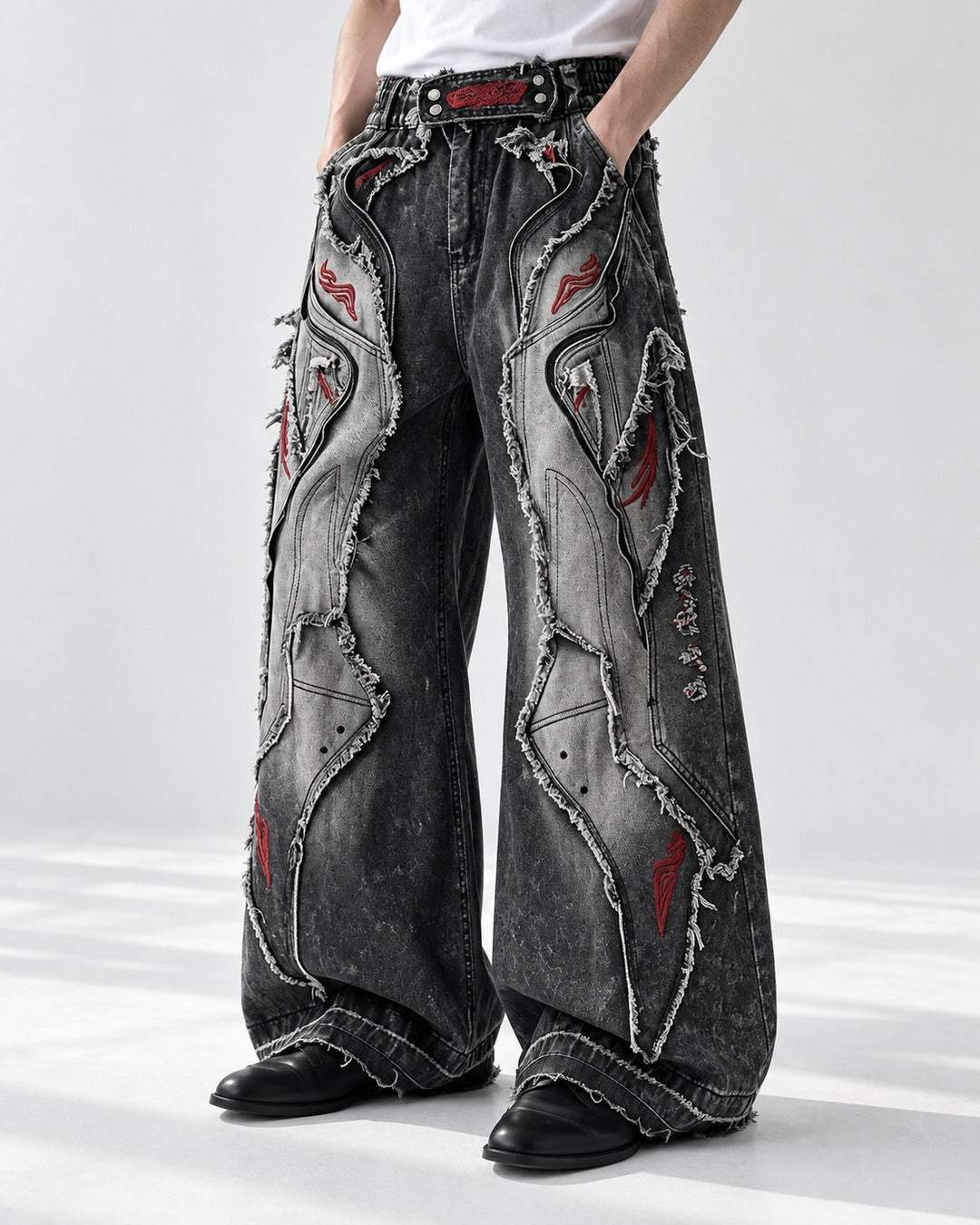 Patchwork Frayed Flare Jeans