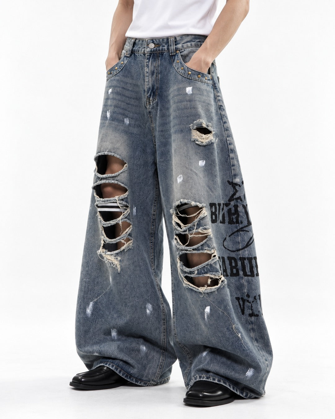Letter Print Distressed Wide Leg Jeans