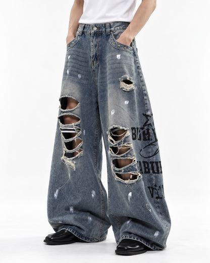 Letter Print Distressed Wide Leg Jeans