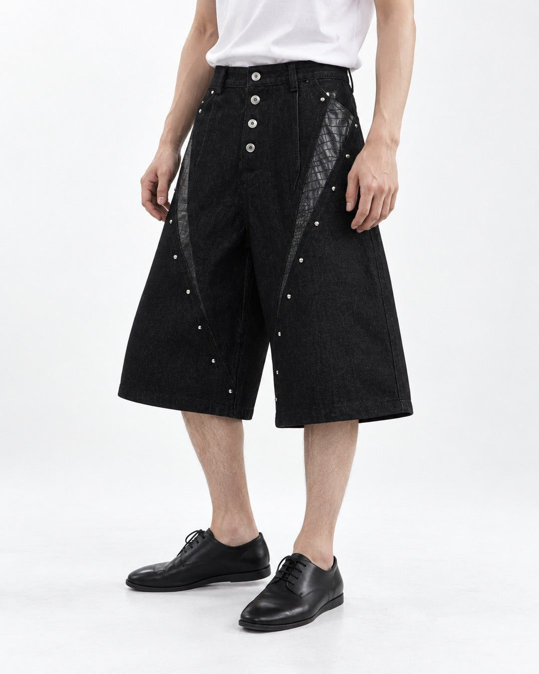 Studded Snap-Front Panel Denim Shorts