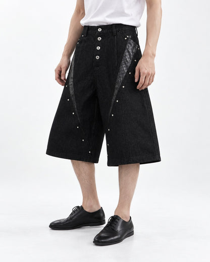Studded Snap-Front Panel Denim Shorts