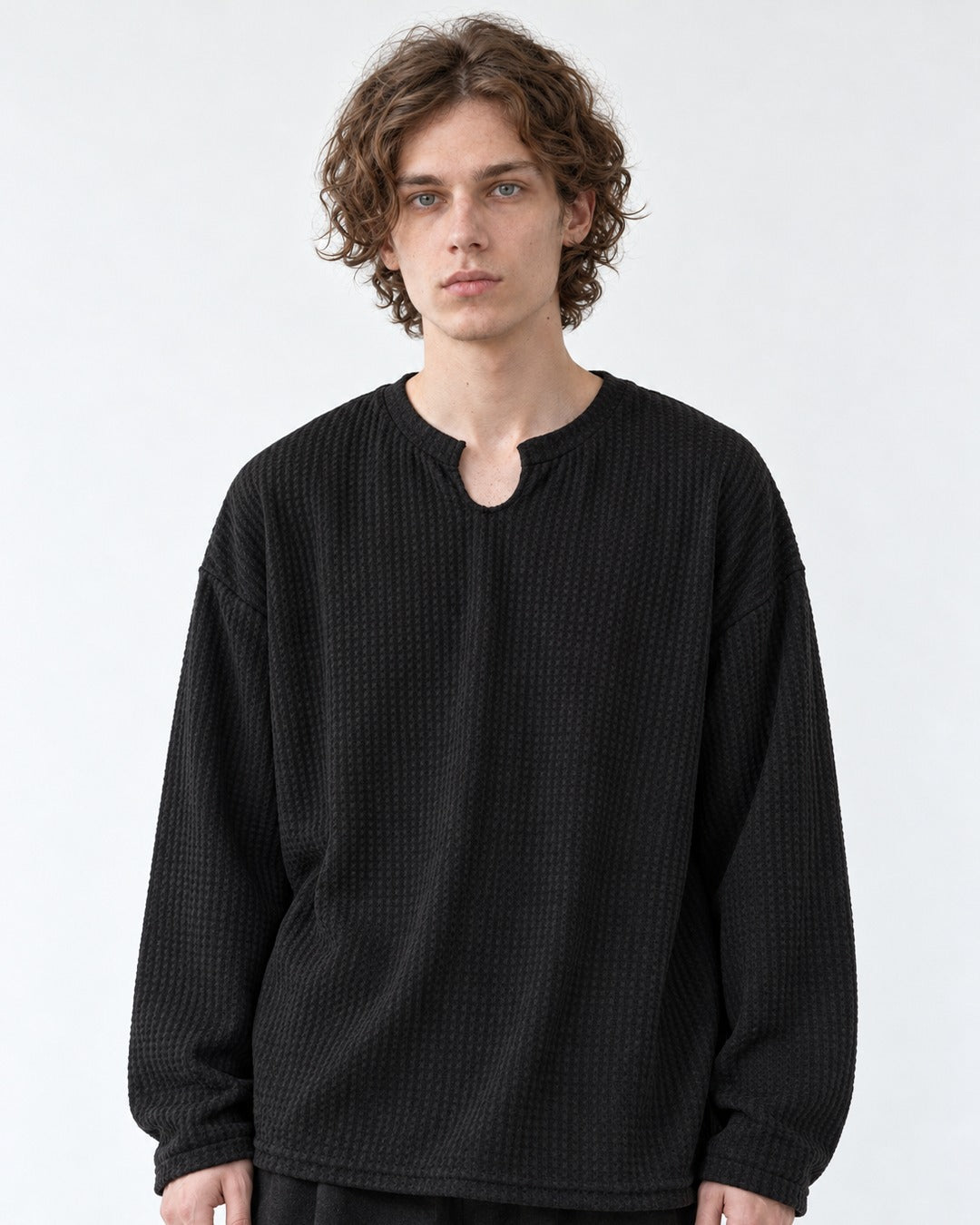 Notched Collar Waffle Knit Tee