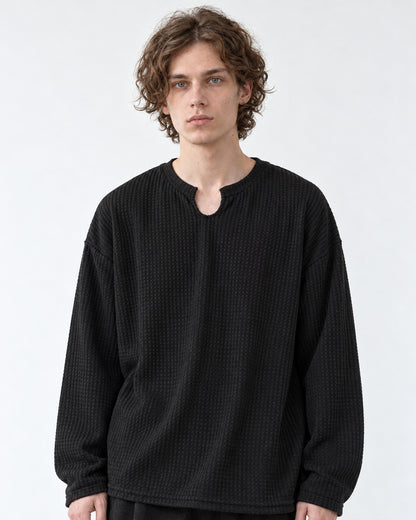 Notched Collar Waffle Knit Tee