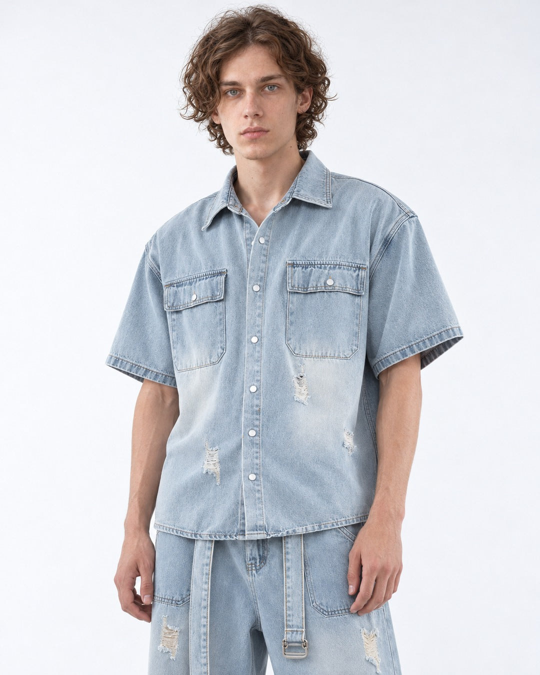 Faded Denim Shirt and Ripped Wide-Leg Jeans Set-Up