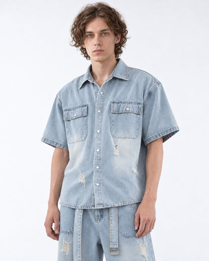 Faded Denim Shirt and Ripped Wide-Leg Jeans Set-Up