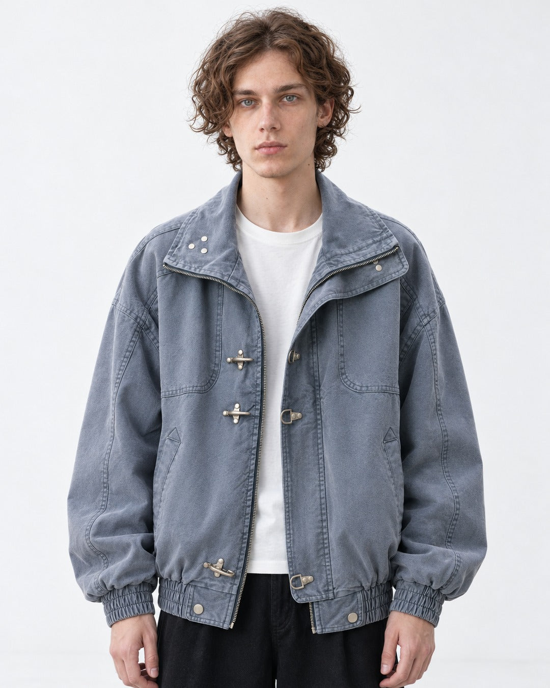 Clasp Stand-Collar Washed Work Jacket