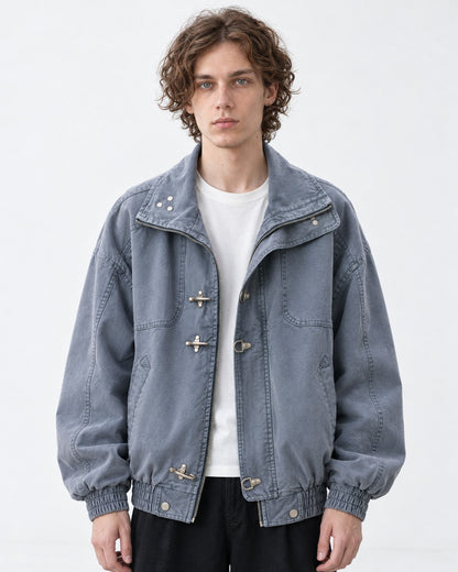 Clasp Stand-Collar Washed Work Jacket