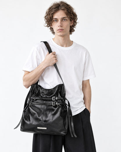 Glossy Black Buckle Strap Shoulder Bag