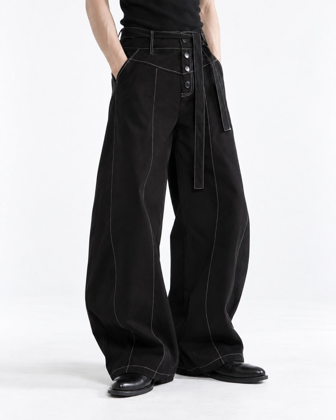 Contrast Stitch Wide-Leg Pants with Tie Belt