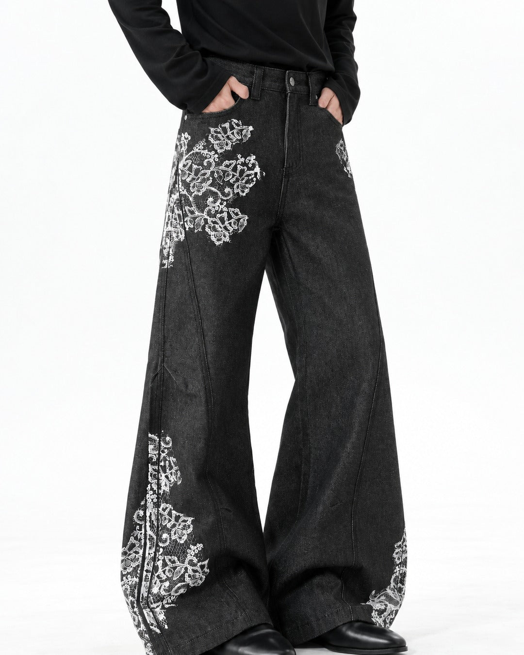 Lace-Print Black Wide-Leg Denim