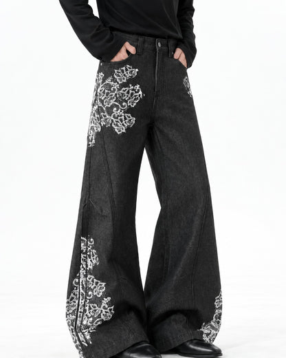 Lace-Print Black Wide-Leg Denim