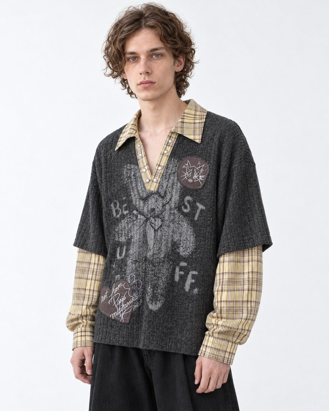 Layered Plaid-Trim Bear Graphic Knit Top