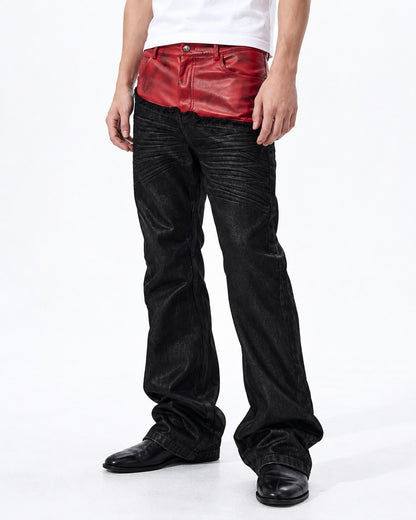 Red Panel Waist Coated Flared Jeans