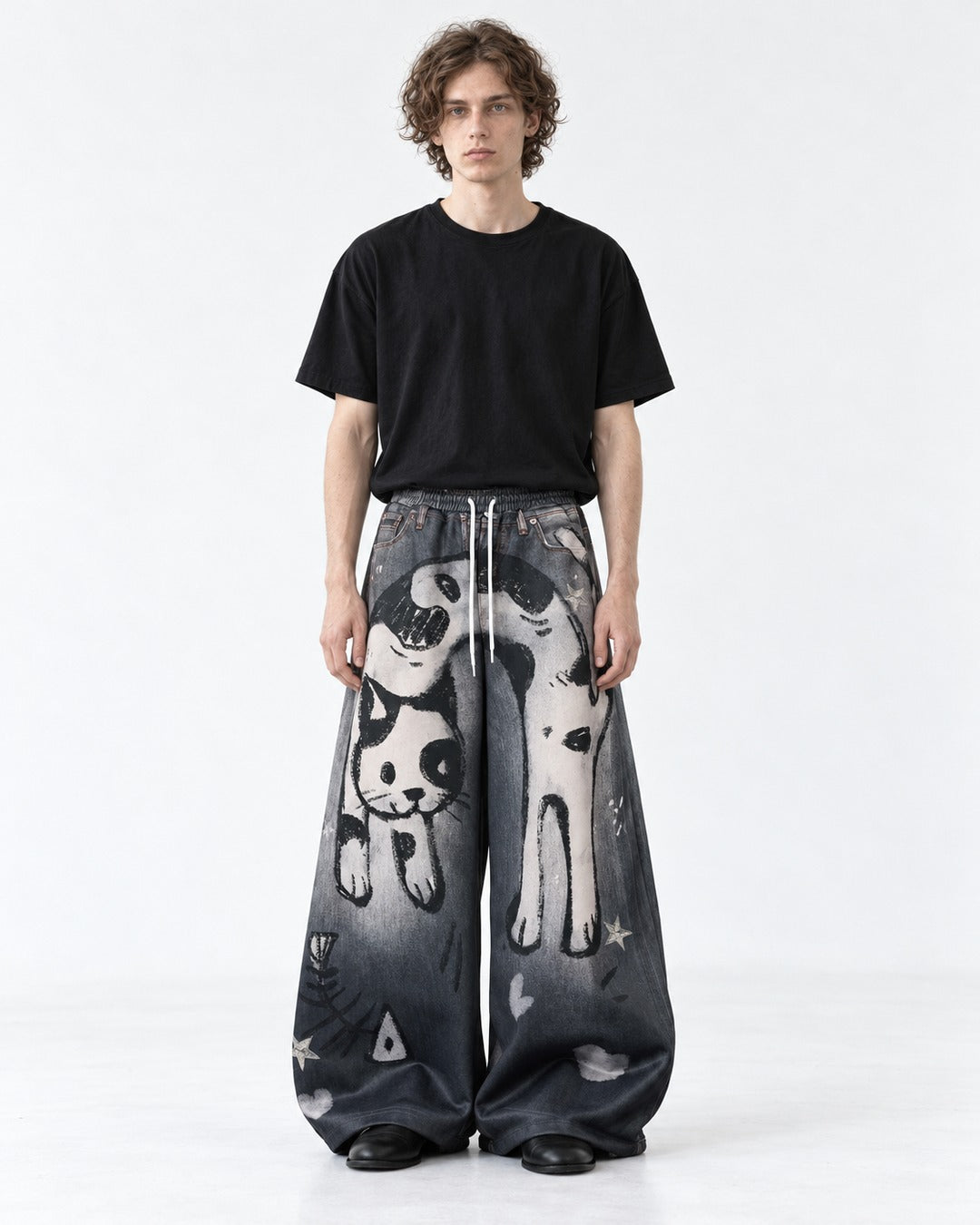 Cat Graphic Gradient Wide-Leg Jeans