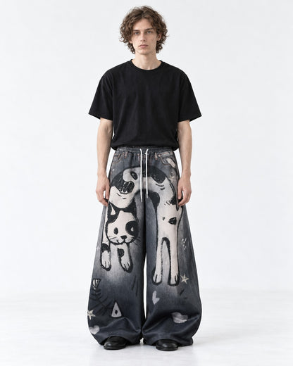 Cat Graphic Gradient Wide-Leg Jeans