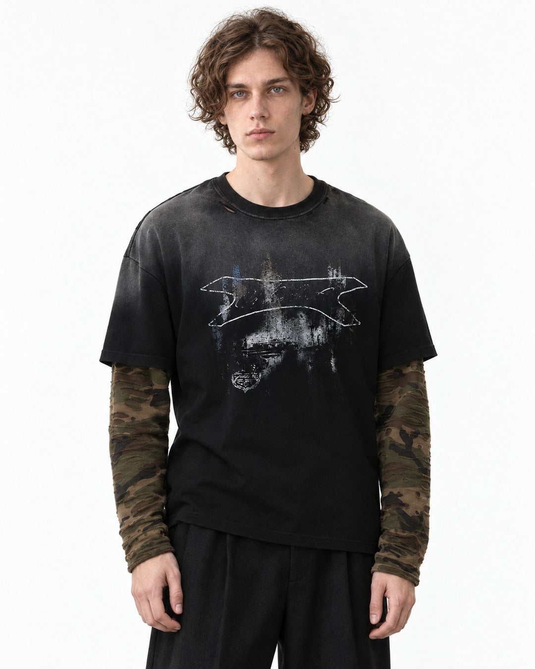 Camouflage Patchwork Gradient Wash Layered-Look T-Shirt