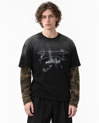 Camouflage Patchwork Gradient Wash Layered-Look T-Shirt