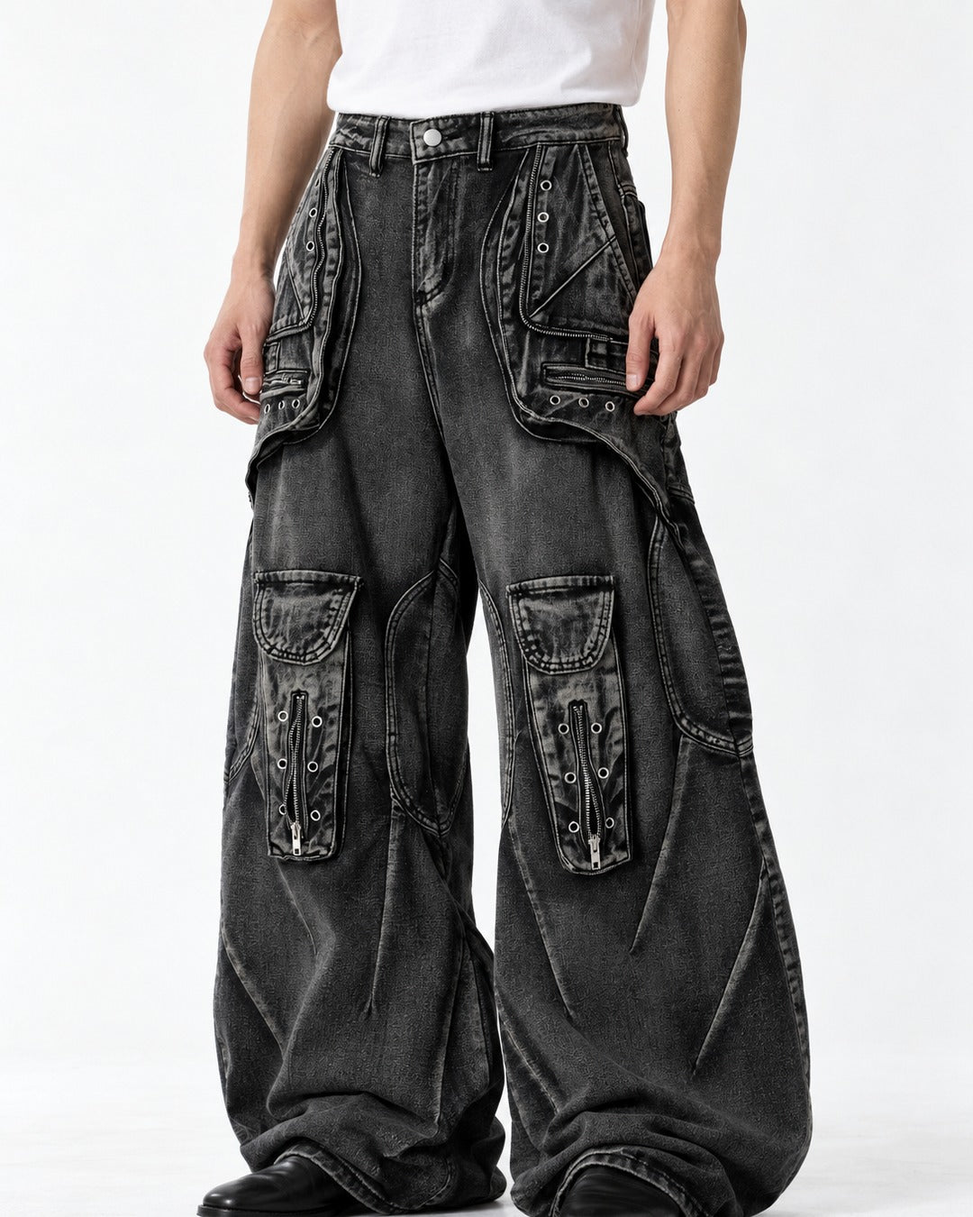 Eyelet Pocket Washed Black Cargo Jeans